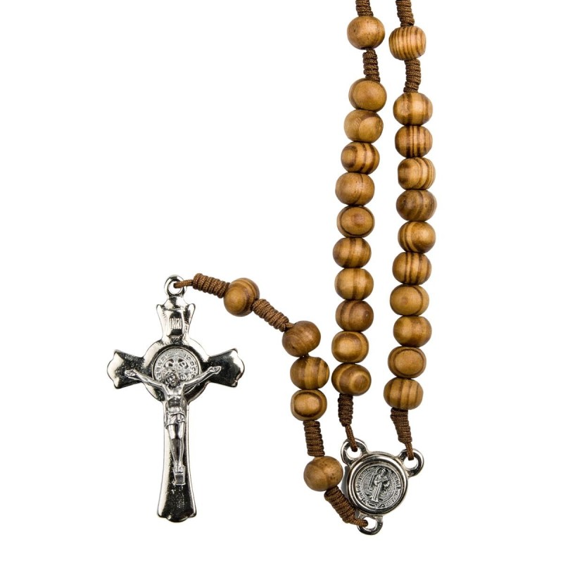 Chapelet St Benoît sur corde, grains bois d’olivier Ø8 mm, cœur 24 cm, croix St Benoît, fermoir.